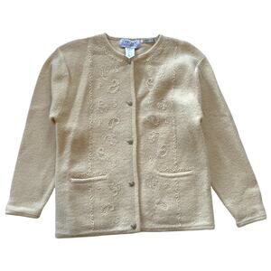 Jantzen Wool Cardigan with Pockets Embroidered Beaded Pearls Vintage 1980s Cream